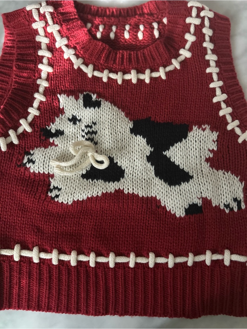 Cutest Ever Red Knit Sleeveless Crewneck Vest with White & Black Cat in Bow